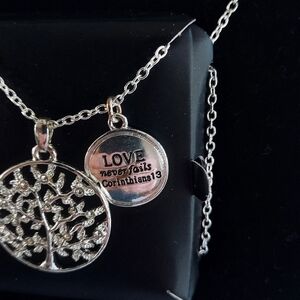 Vintage Avon Silver Tree of Life and Love Pendant Necklace 20" Long